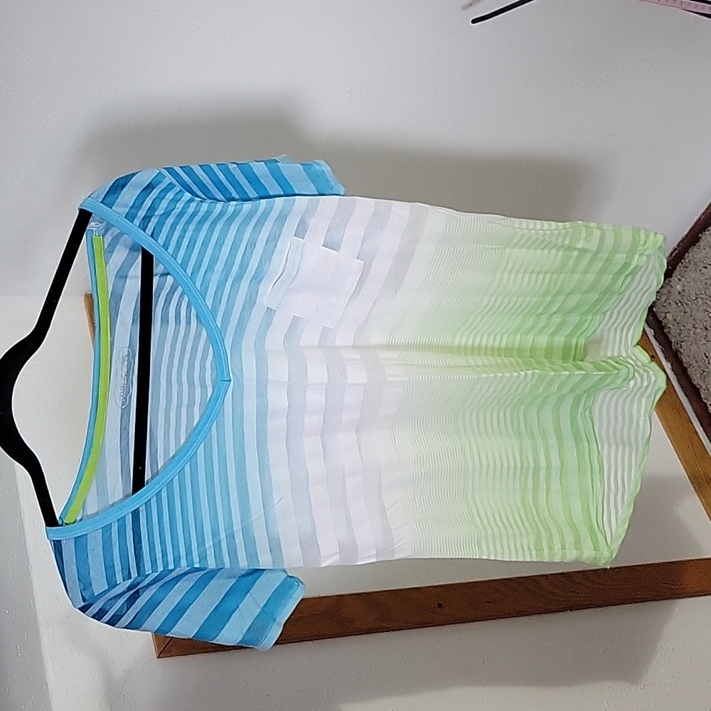 Short sleeve sheer striped vneck tee